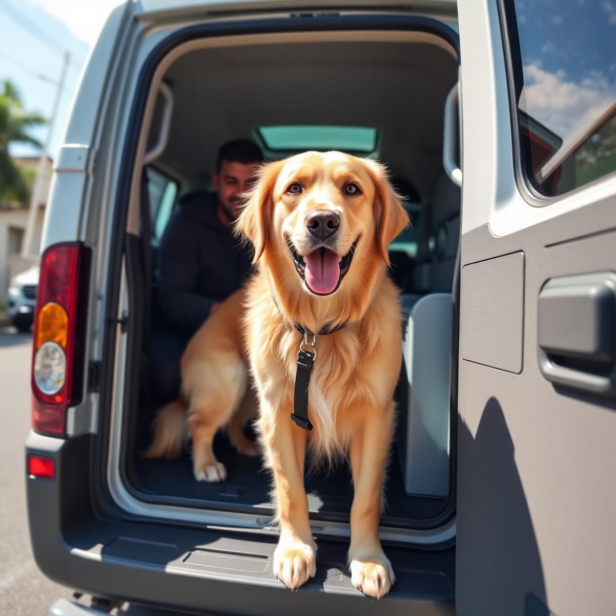 Cachorro feliz entrando no veículo de leva-e-traz da ATOM